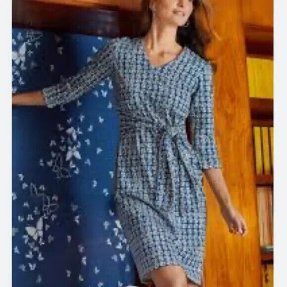 J.McLaughlin Catalina cloth v neck 3/4 sleeve front tie dress Size S blue/beige